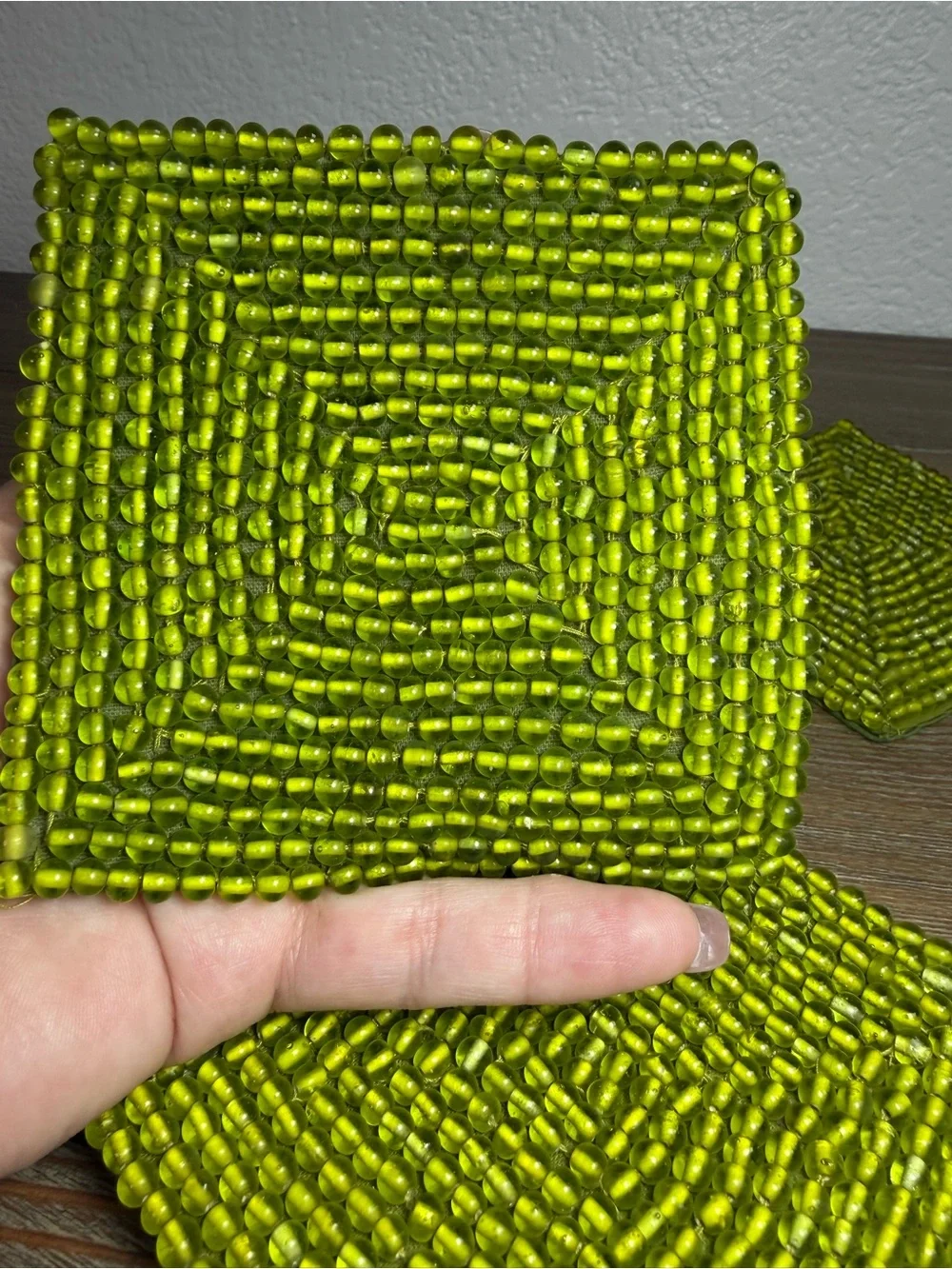 NWT Pottery Barn Green Glass Beaded Coasters Set of Four 4” Square Made in India